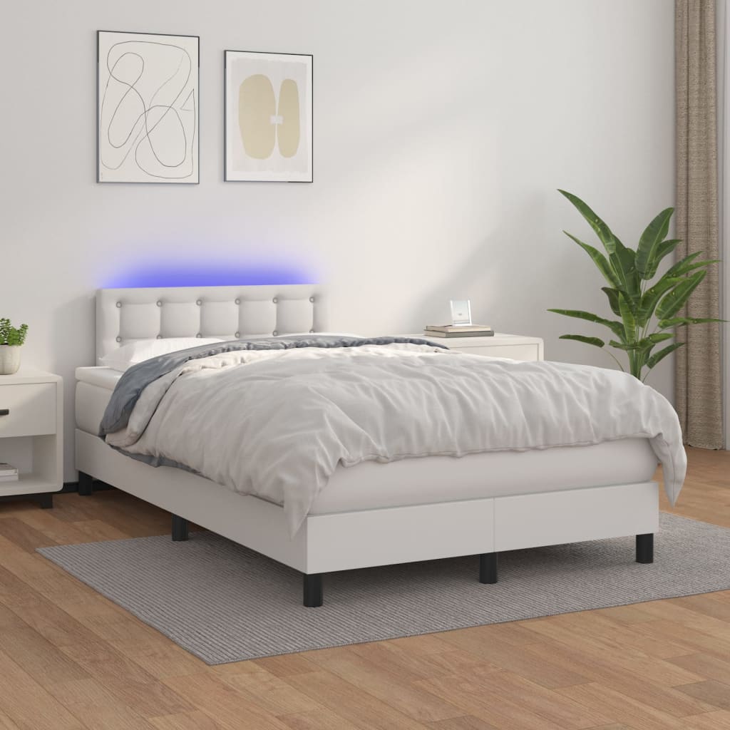 vidaXL Cama box spring colchón y LED cuero sintético blanco 120x190 cm