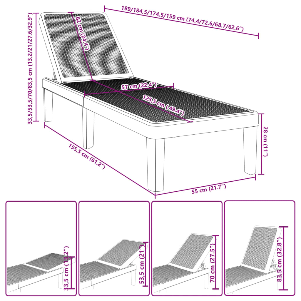 vidaXL Tumbona ajustable en 4 alturas polipropileno 155,5x57x28 cm