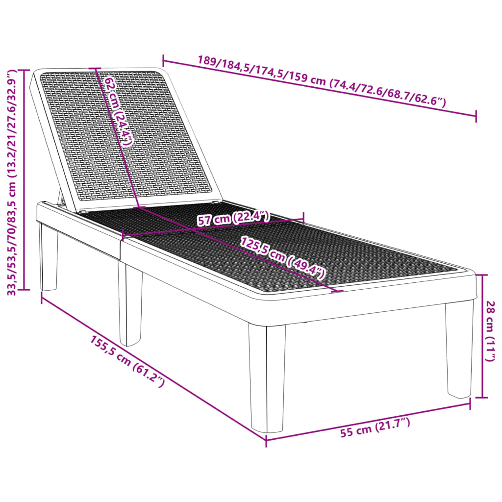 vidaXL Tumbona ajustable en 4 alturas polipropileno 155,5x57x28 cm