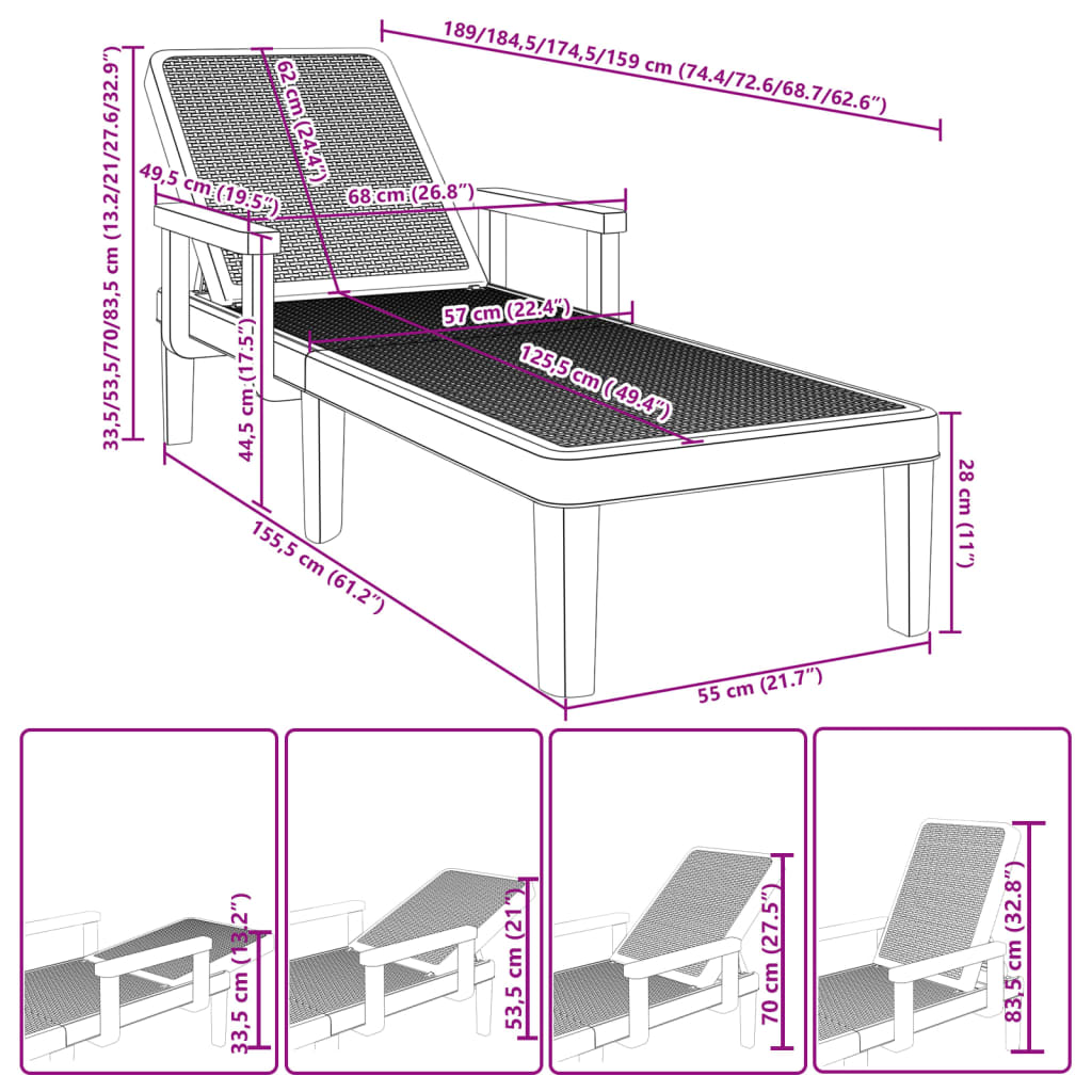 vidaXL Tumbona ajustable en 4 alturas polipropileno 155,5x57x28 cm