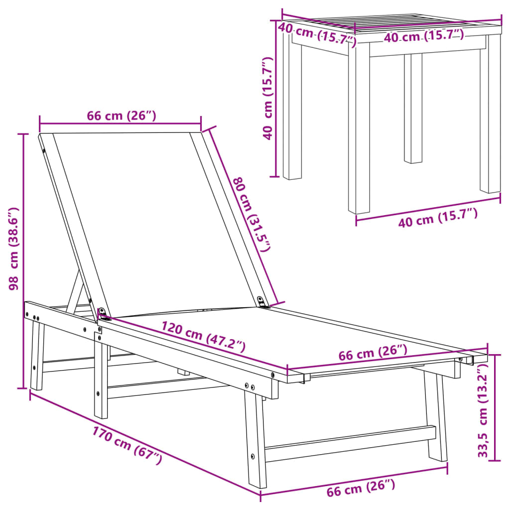 vidaXL Tumbonas 2 uds con mesa madera maciza acacia y textileno crema