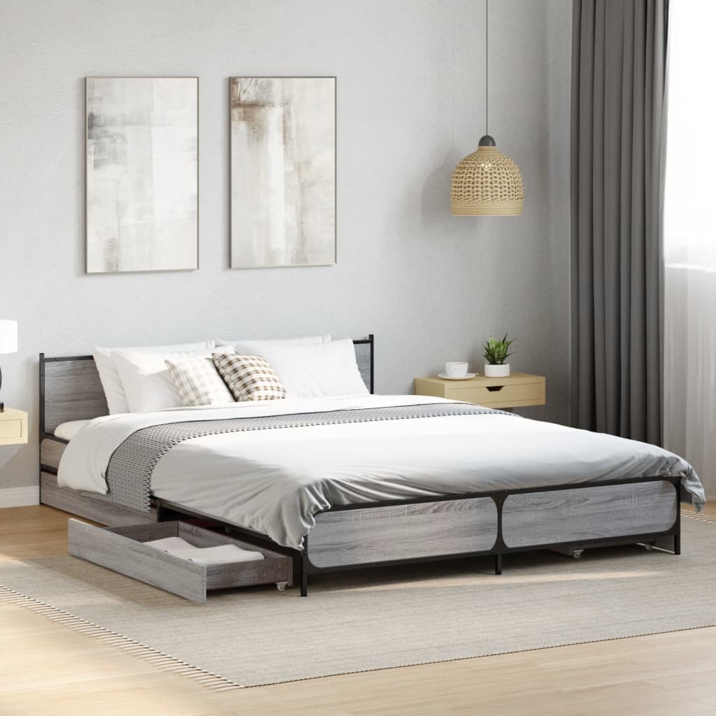 vidaXL Cama con cajones madera ingeniería gris Sonoma 150x200 cm