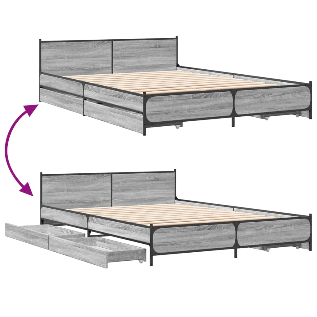 vidaXL Cama con cajones madera ingeniería gris Sonoma 150x200 cm