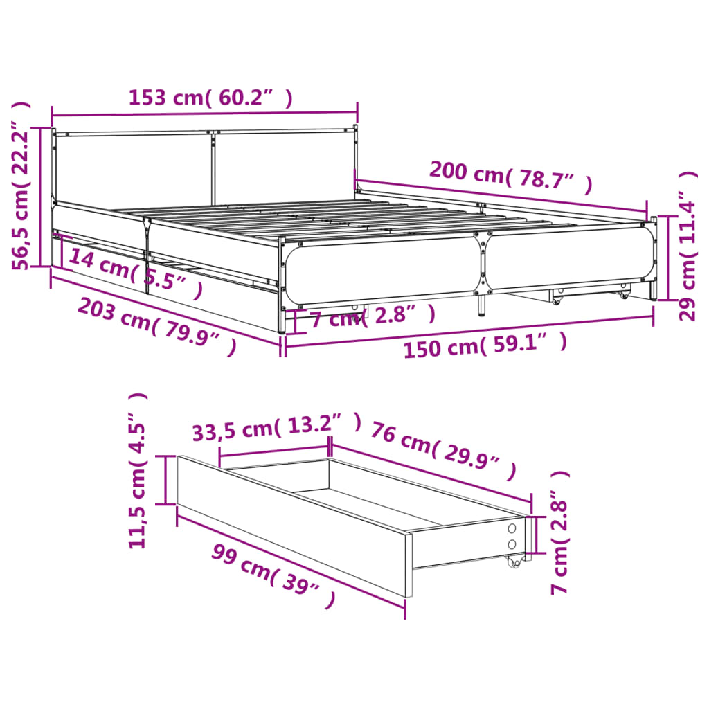 vidaXL Cama con cajones madera ingeniería gris Sonoma 150x200 cm