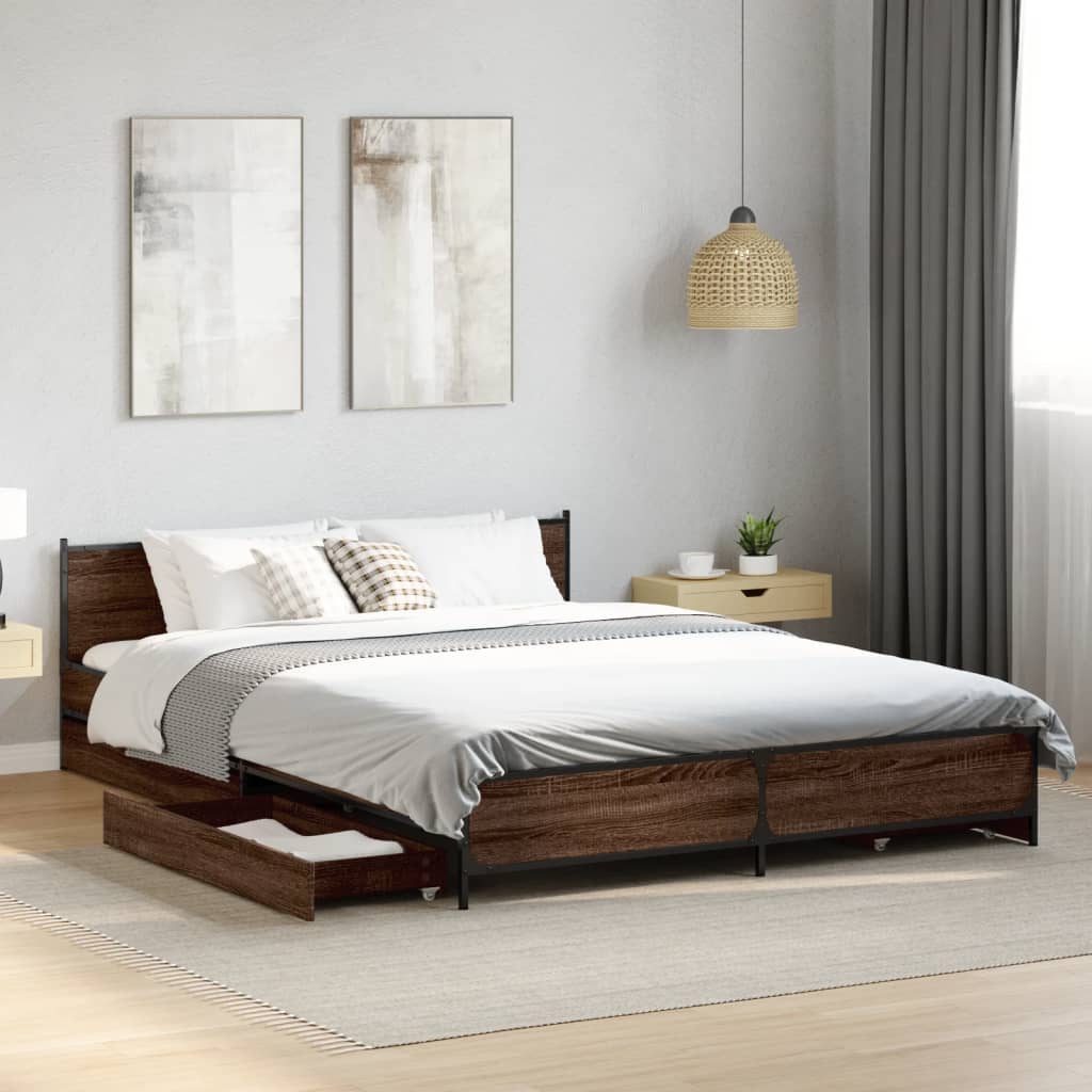 vidaXL Cama con cajones madera de ingeniería marrón roble 150x200 cm