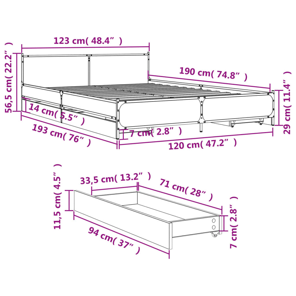 vidaXL Cama con cajones madera de ingeniería marrón roble 120x190 cm