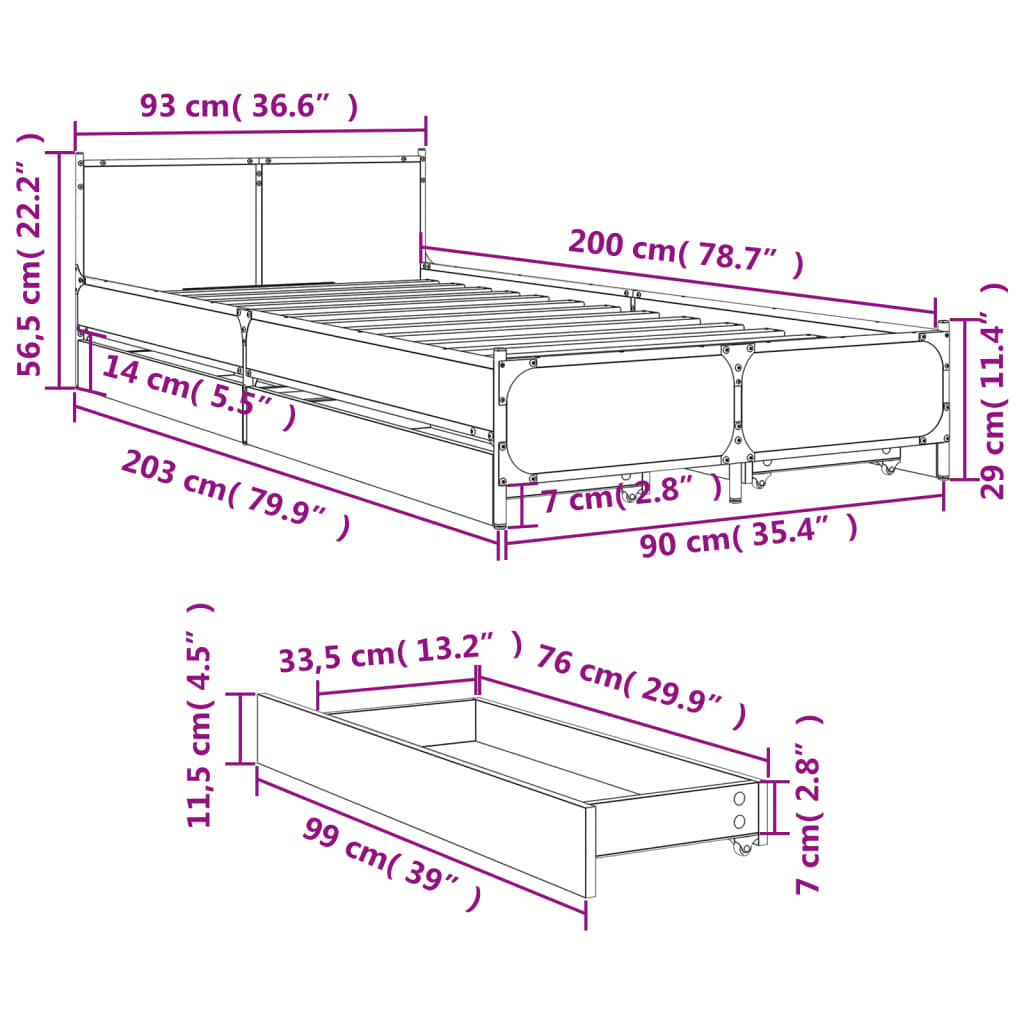 vidaXL Cama con cajones madera ingeniería roble Sonoma 90x200 cm