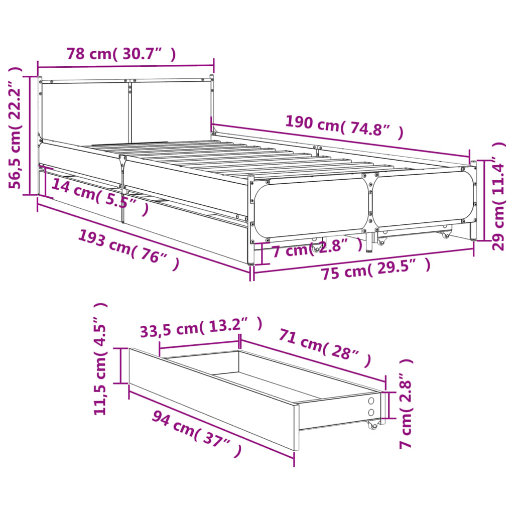 vidaXL Cama con cajones madera de ingeniería negra 75x190 cm