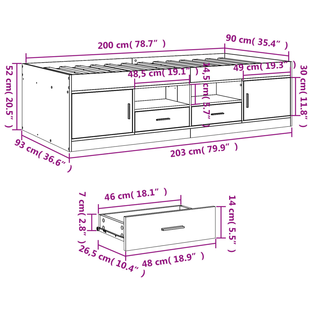 vidaXL Sofá cama con cajones sin colchón roble Sonoma 90x200 cm