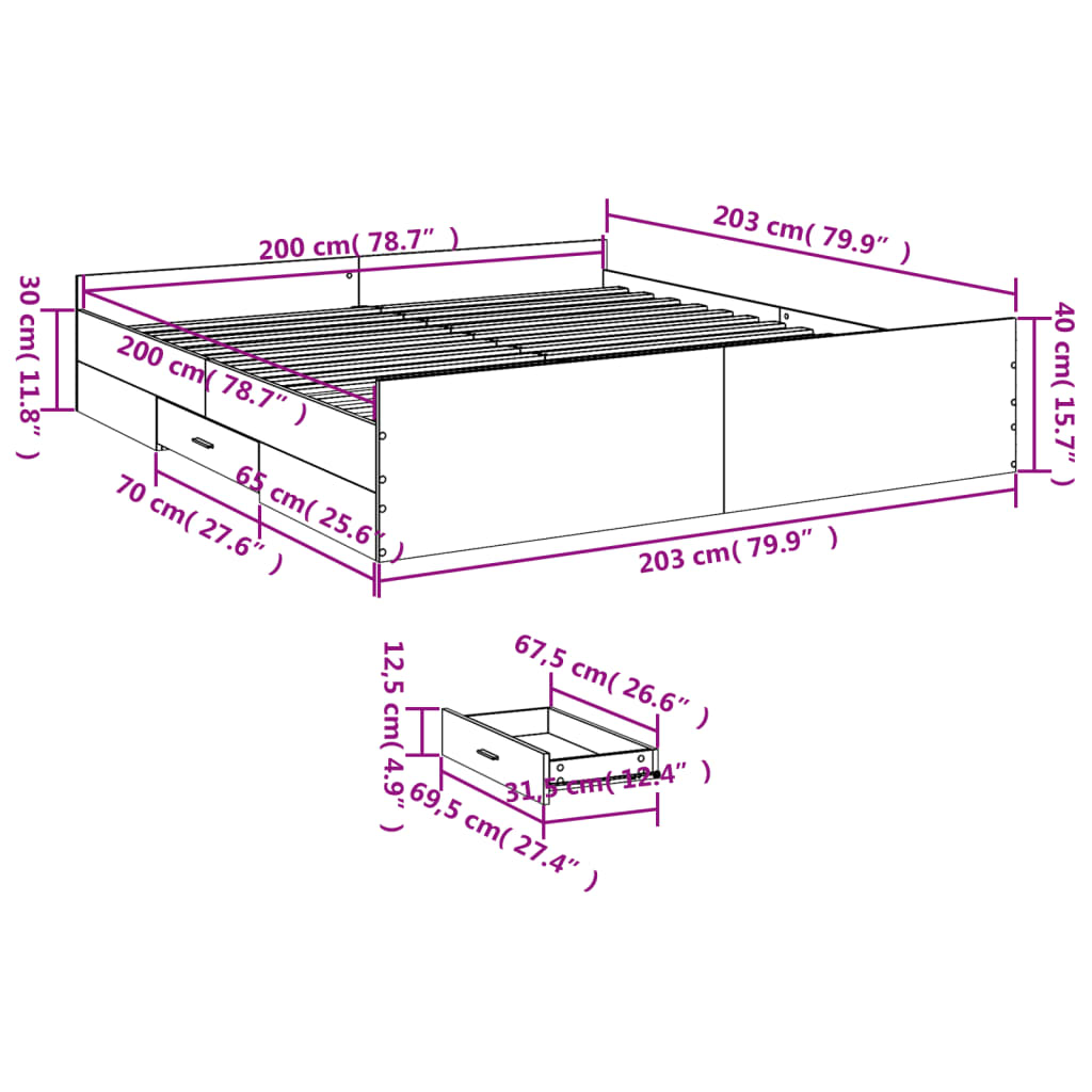 vidaXL Cama con cajones madera ingeniería roble Sonoma 200x200 cm