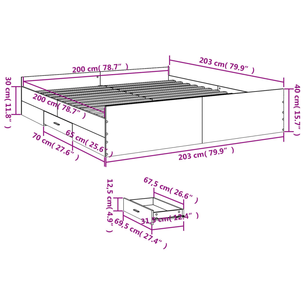 vidaXL Cama con cajones madera ingeniería marrón roble 200x200 cm