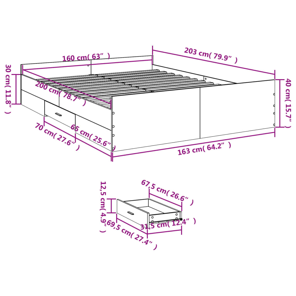 vidaXL Cama con cajones madera ingeniería gris Sonoma 160x200 cm