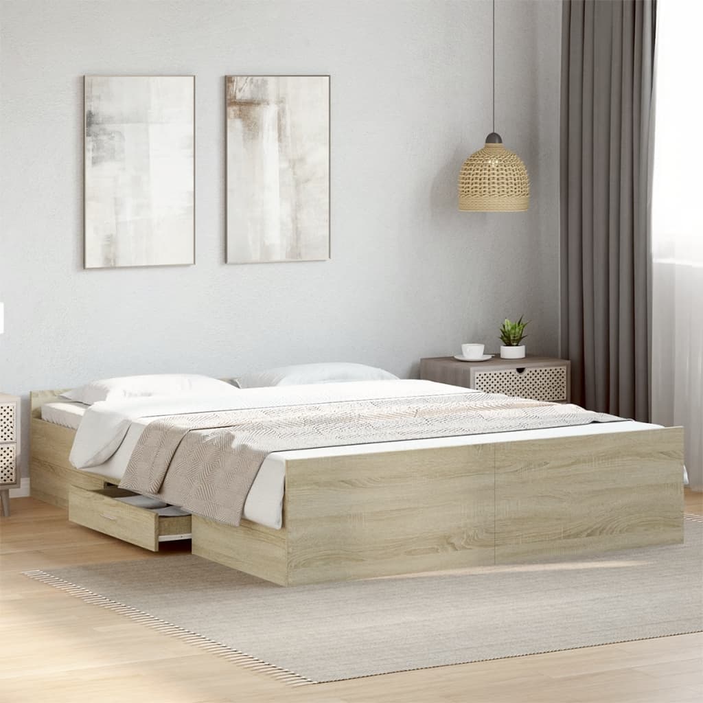 vidaXL Cama con cajones madera ingeniería roble Sonoma 150x200 cm