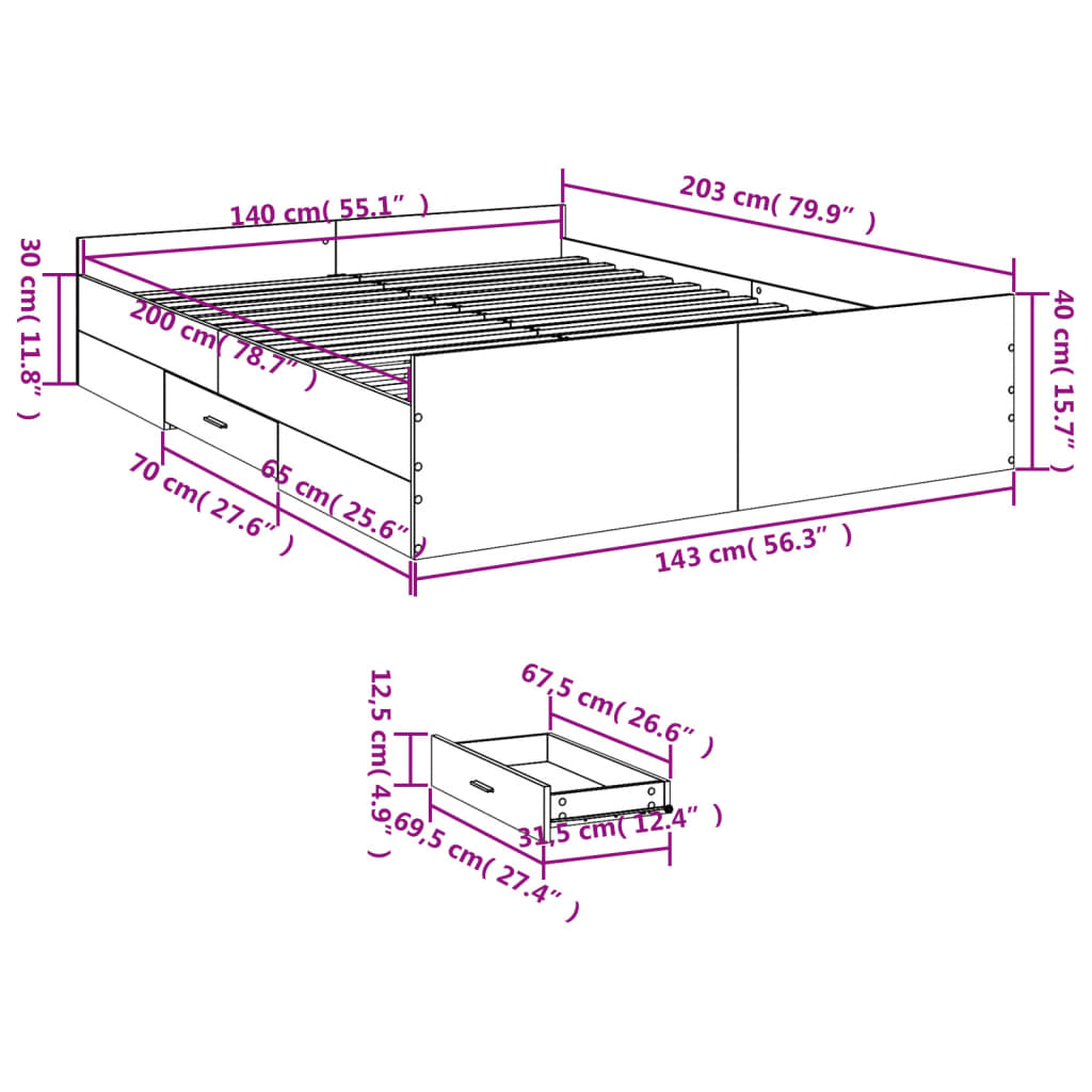 vidaXL Cama con cajones madera ingeniería roble Sonoma 140x200 cm