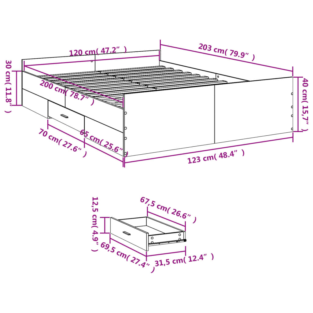 vidaXL Cama con cajones madera ingeniería gris hormigón 120x200 cm