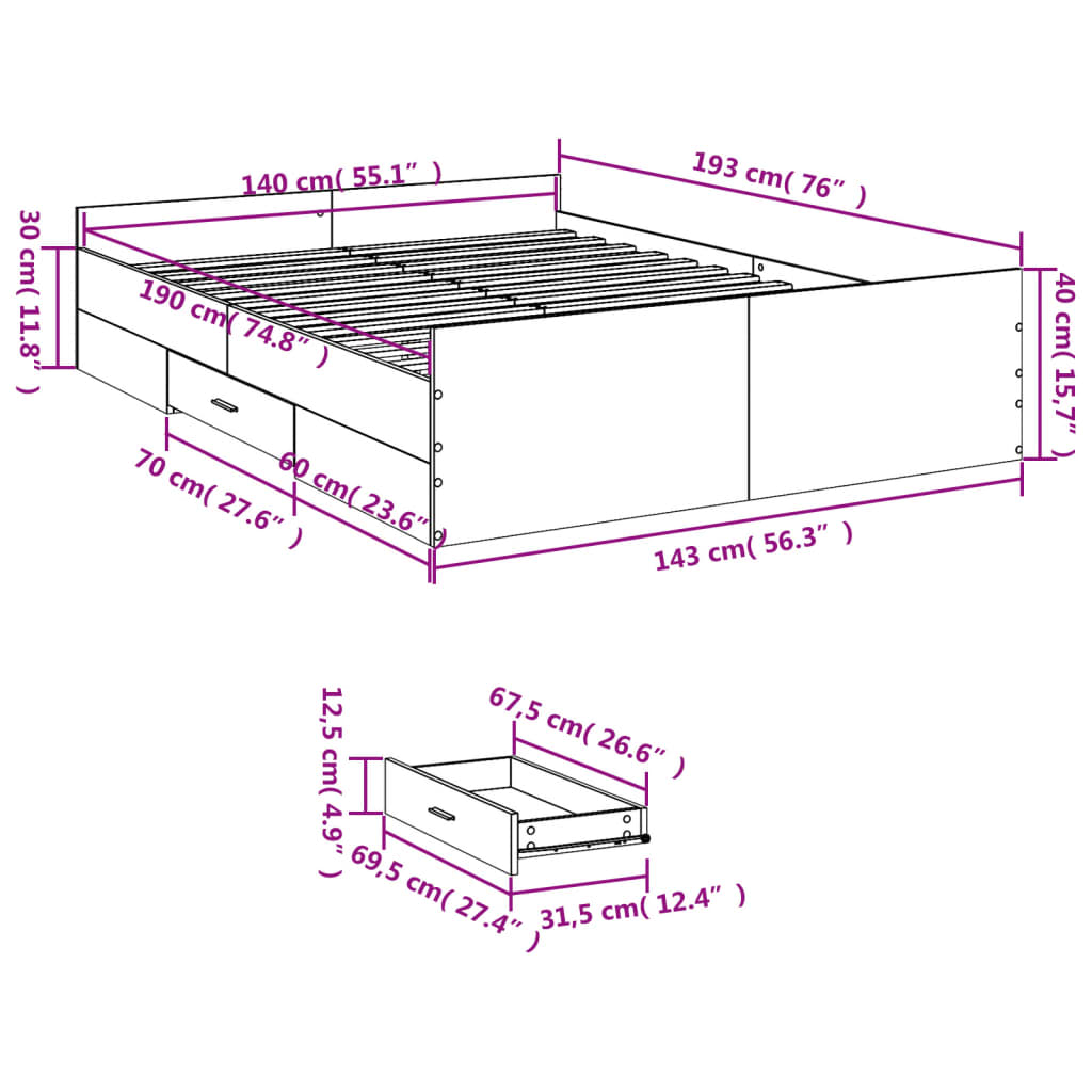 vidaXL Cama con cajones madera ingeniería gris Sonoma 140x190 cm