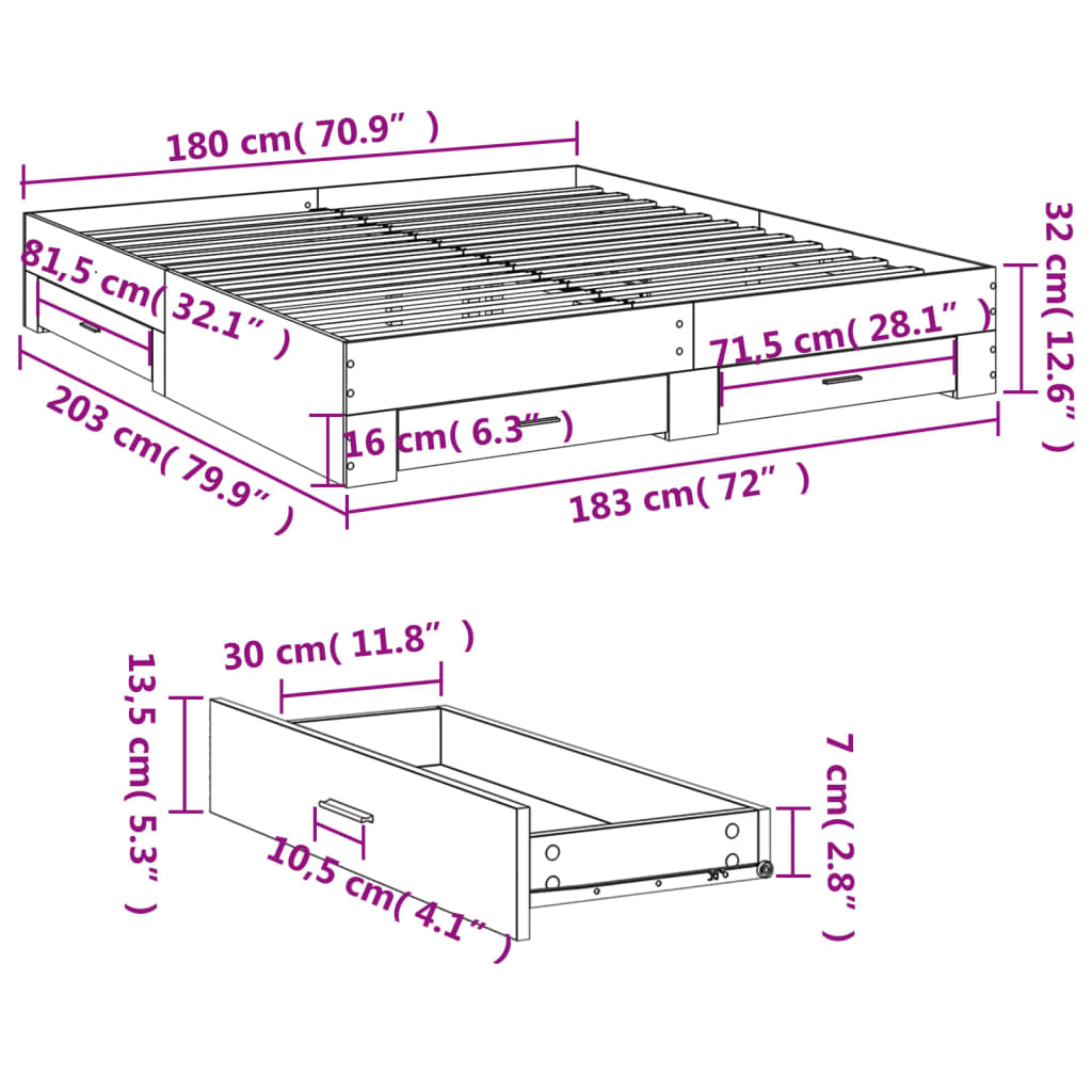 vidaXL Cama con cajones madera ingeniería roble Sonoma 180x200 cm