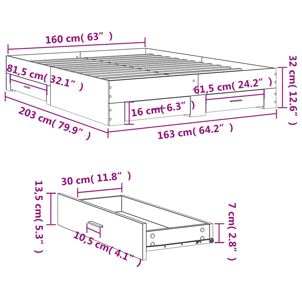 vidaXL Cama con cajones madera ingeniería gris hormigón 160x200 cm