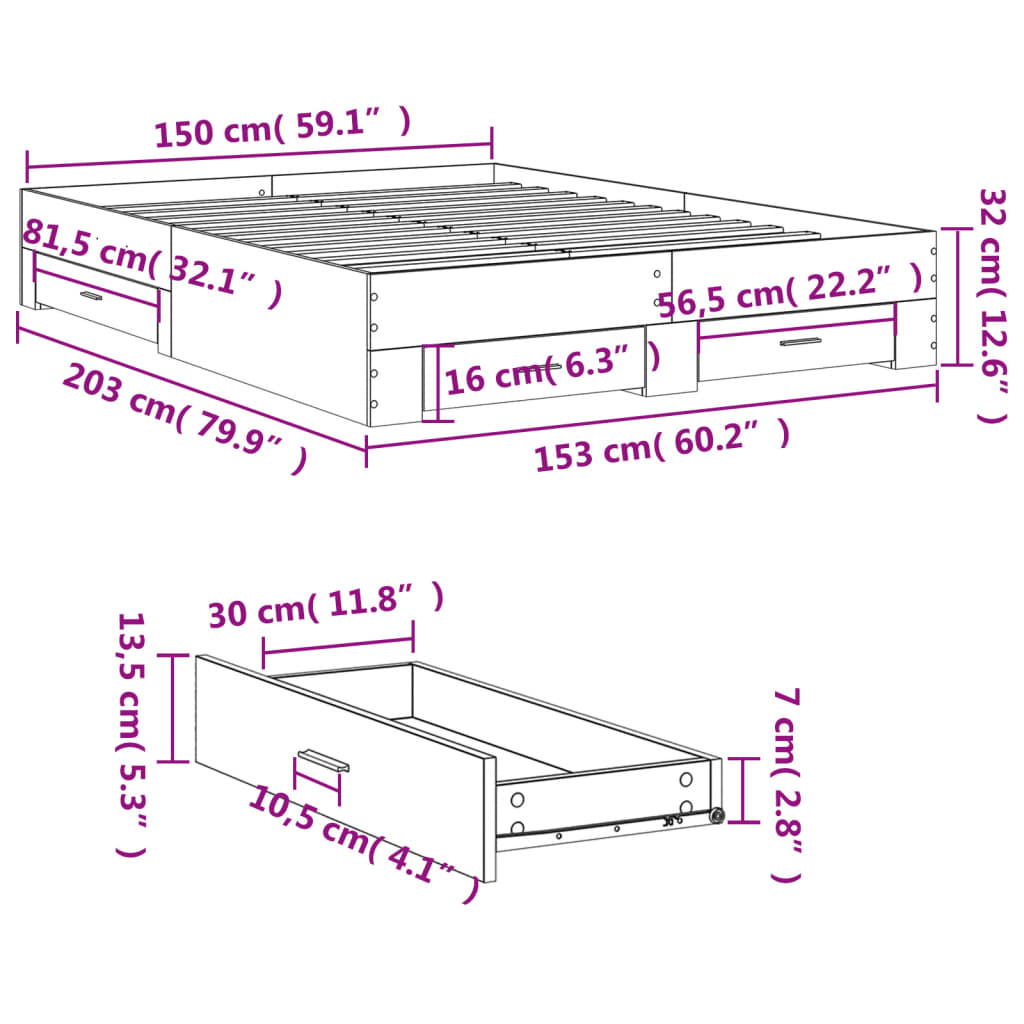 vidaXL Cama con cajones madera ingeniería gris hormigón 150x200 cm