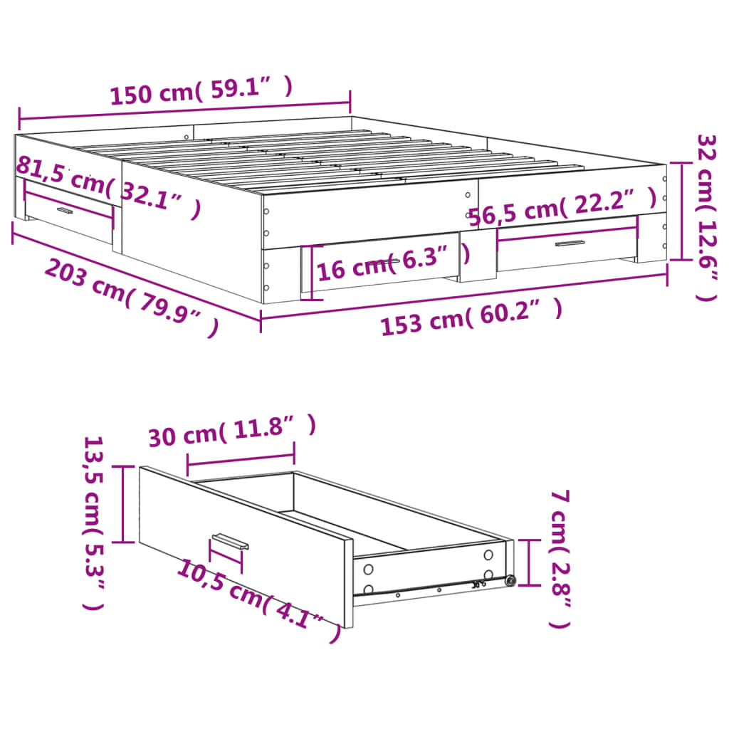 vidaXL Cama con cajones madera de ingeniería marrón roble 150x200 cm