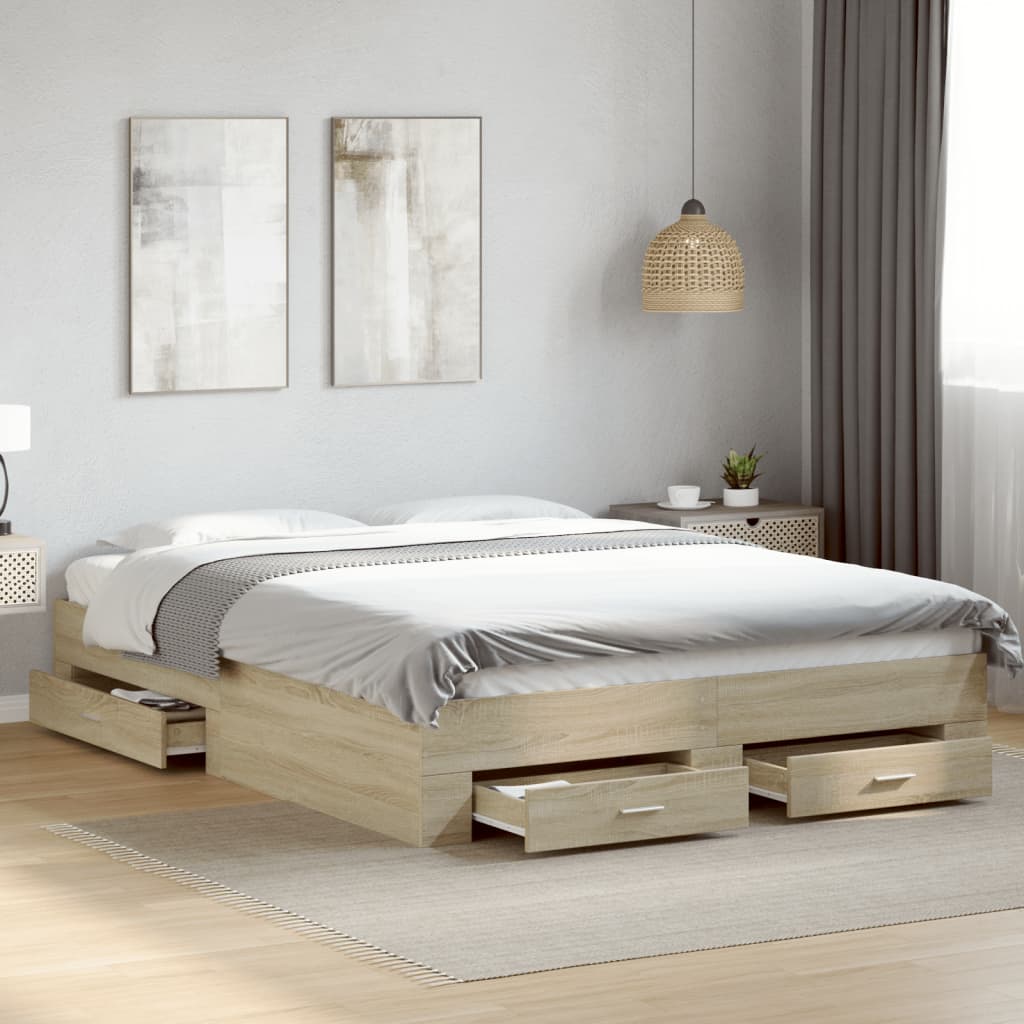 vidaXL Cama con cajones madera ingeniería roble Sonoma 140x200 cm