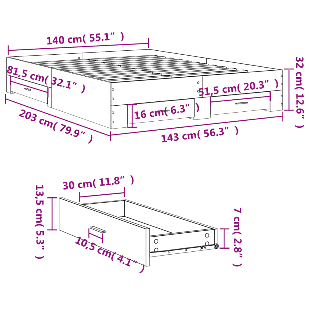 vidaXL Cama con cajones madera ingeniería gris Sonoma 140x200 cm