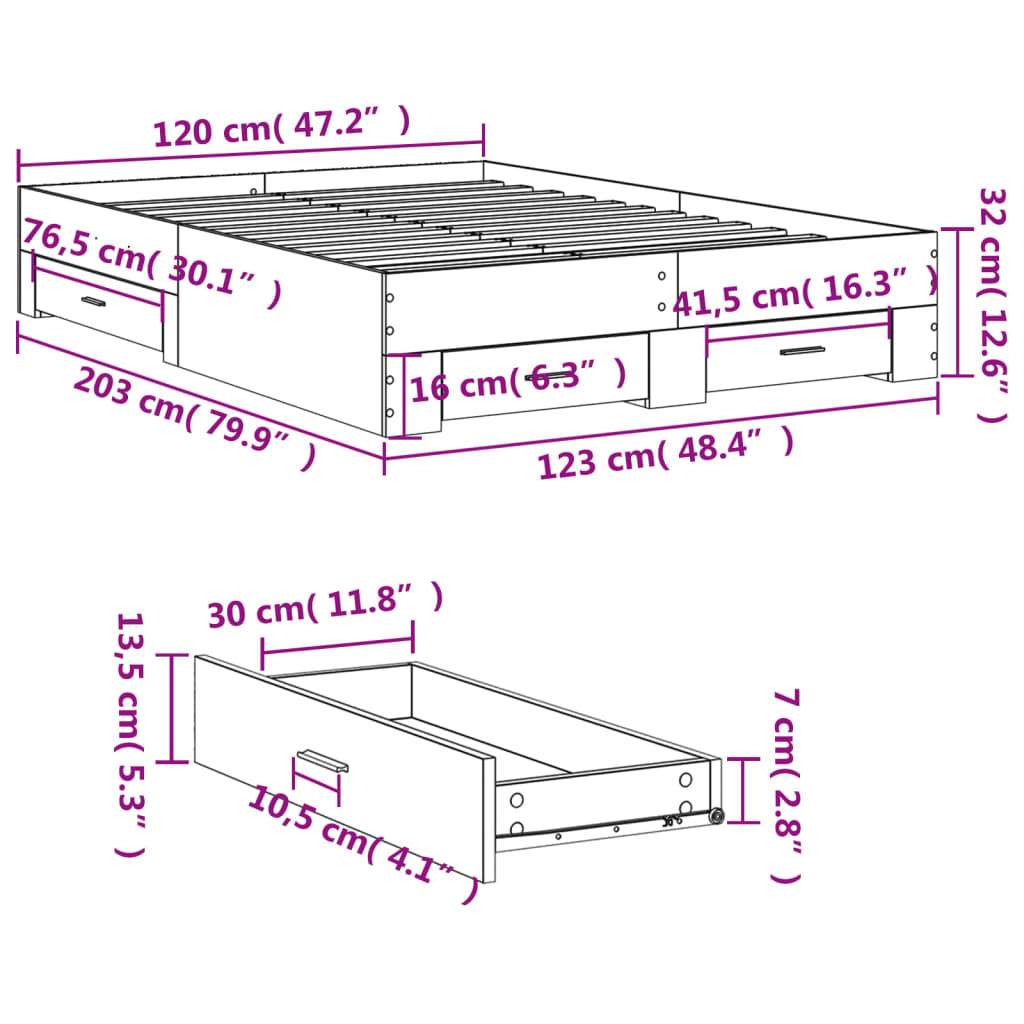 vidaXL Cama con cajones madera ingeniería gris Sonoma 120x200 cm