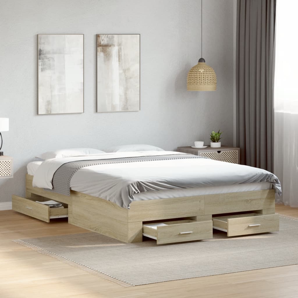 vidaXL Cama con cajones madera ingeniería roble Sonoma 140x190 cm