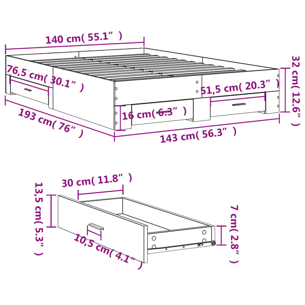 vidaXL Cama con cajones madera ingeniería roble Sonoma 140x190 cm