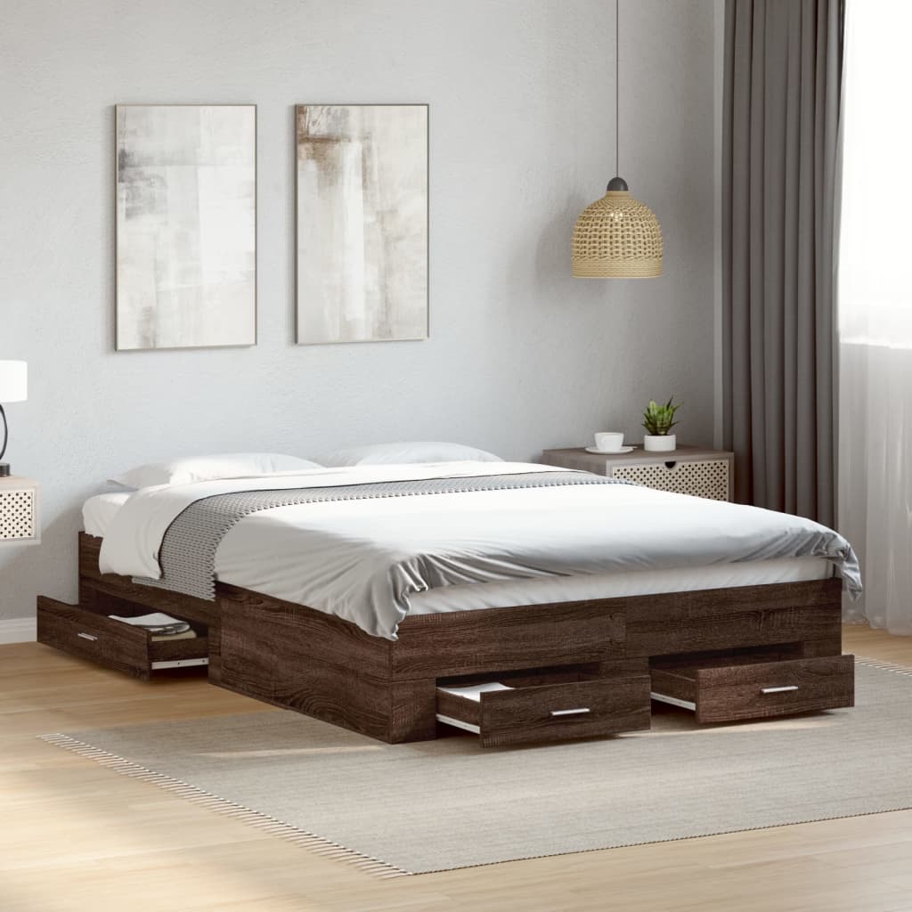 vidaXL Cama con cajones madera de ingeniería marrón roble 135x190 cm