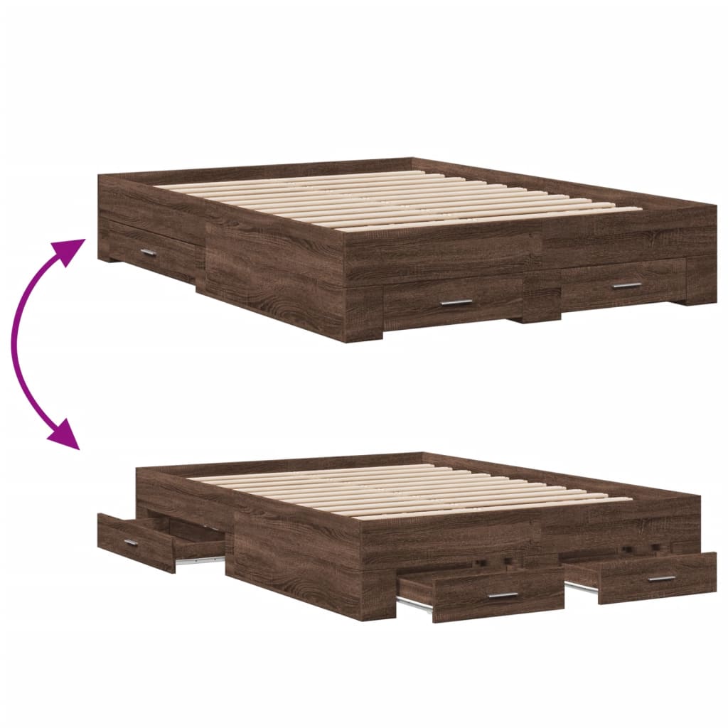 vidaXL Cama con cajones madera de ingeniería marrón roble 135x190 cm