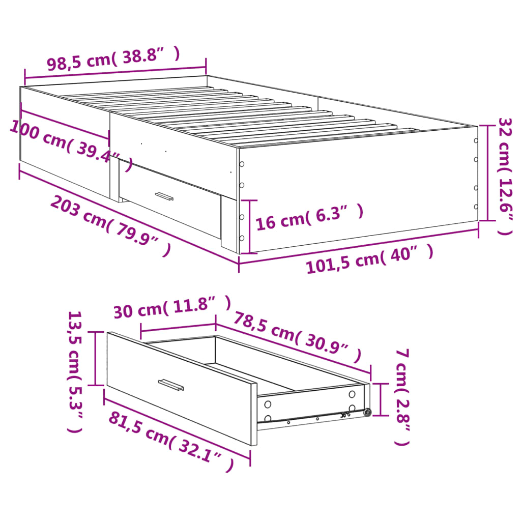 vidaXL Cama con cajones madera ingeniería gris Sonoma 100x200 cm