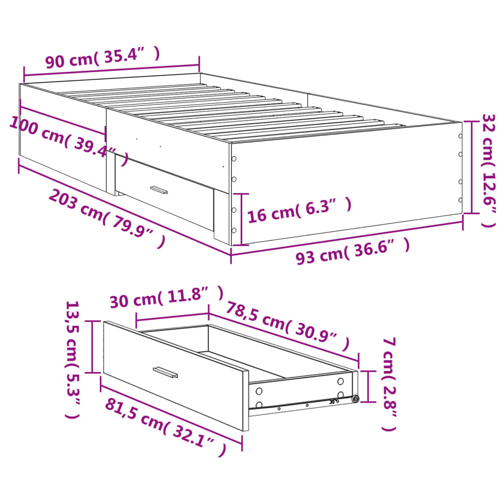 vidaXL Cama con cajones madera ingeniería roble Sonoma 90x200 cm