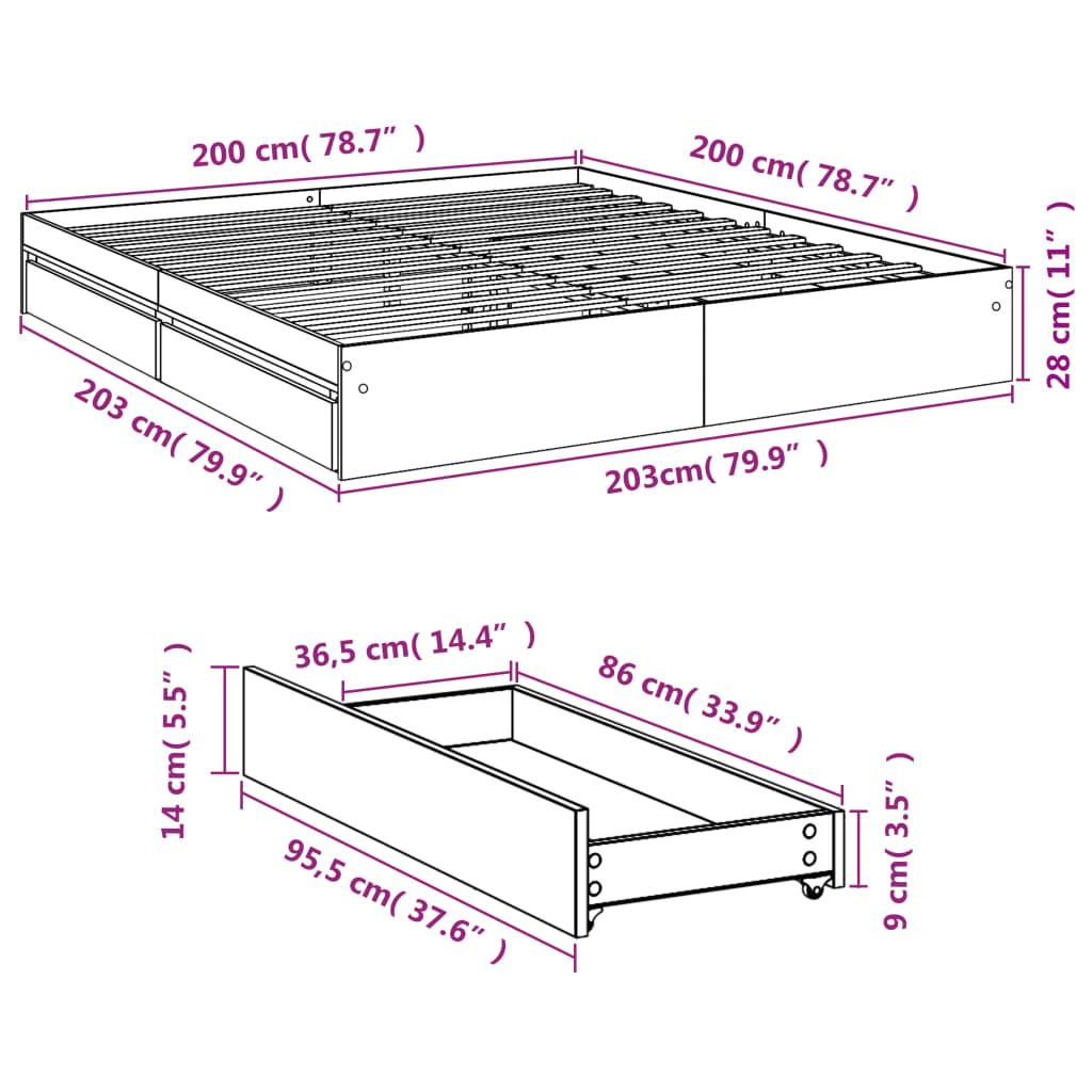 vidaXL Cama con cajones madera ingeniería roble Sonoma 200x200 cm