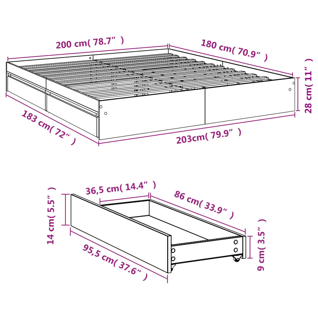 vidaXL Cama con cajones madera ingeniería roble Sonoma 180x200 cm