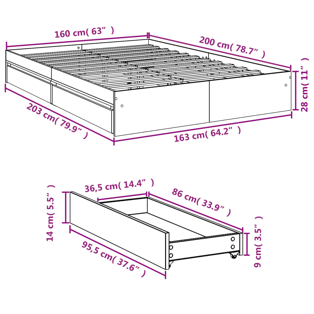 vidaXL Cama con cajones madera ingeniería gris hormigón 160x200 cm