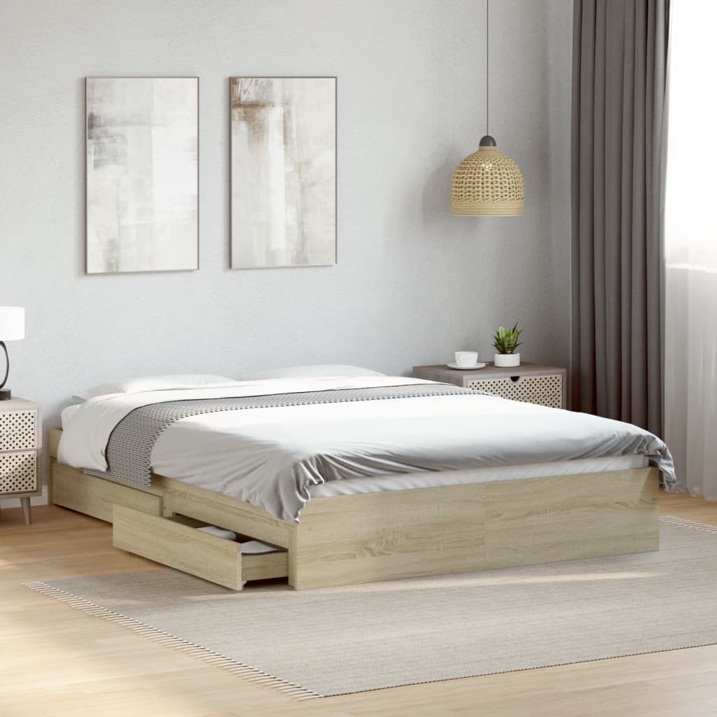 vidaXL Cama con cajones madera ingeniería roble Sonoma 140x200 cm