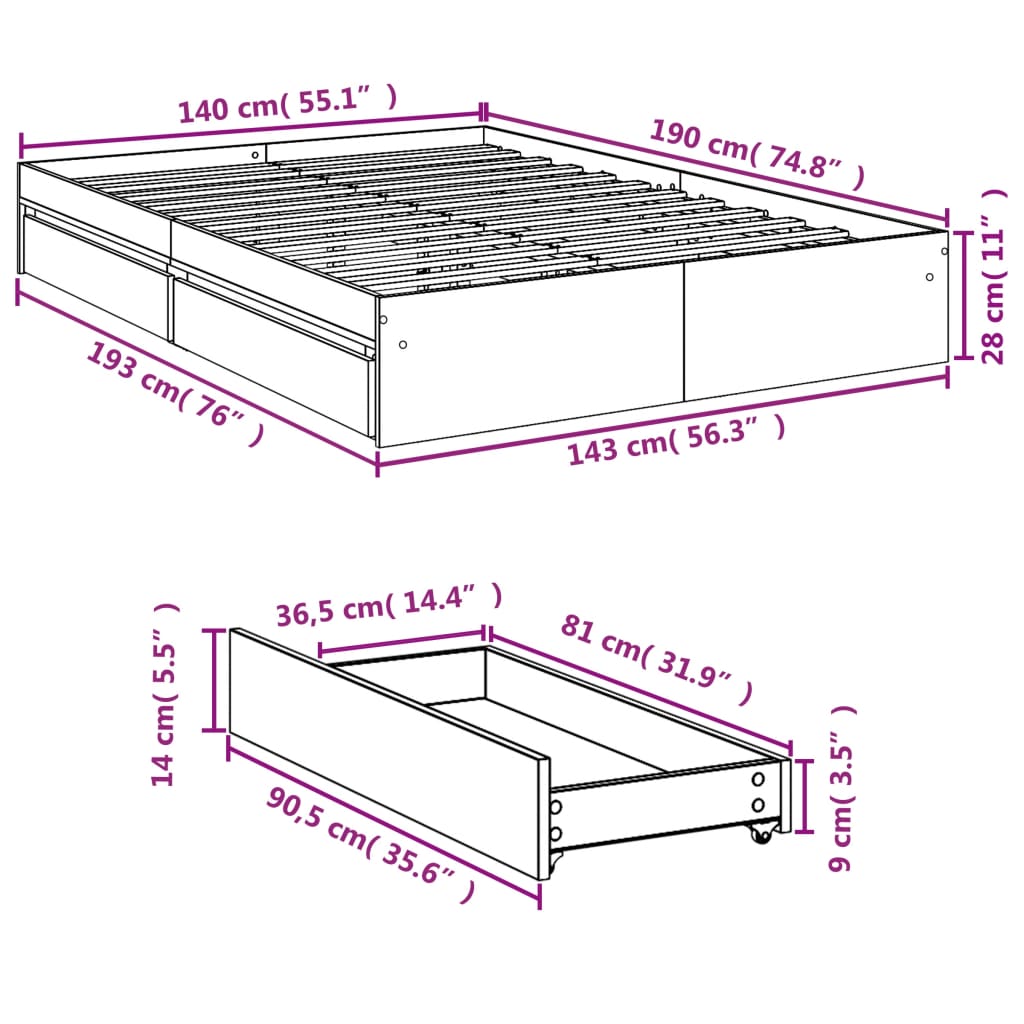 vidaXL Cama con cajones madera ingeniería roble Sonoma 140x200 cm