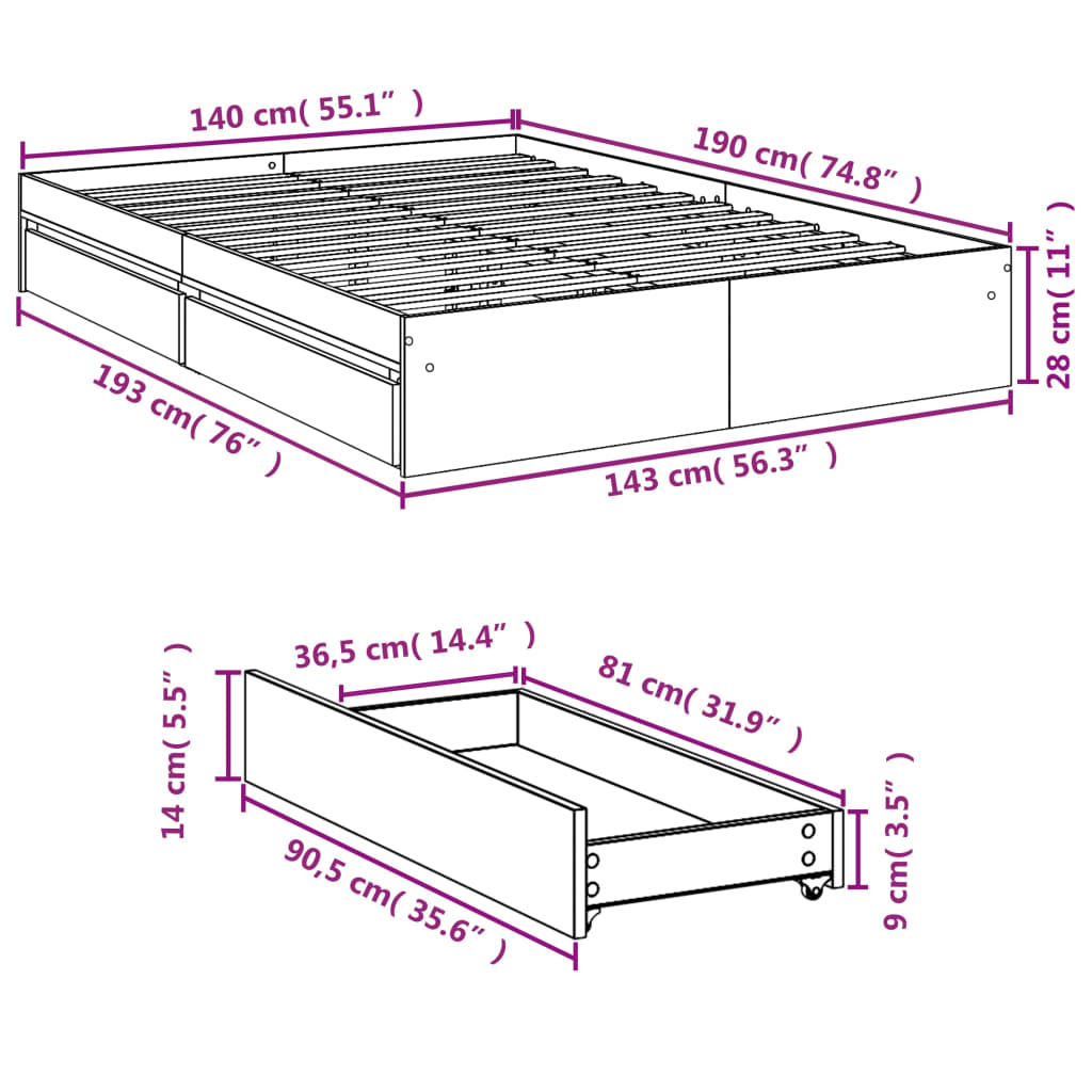 vidaXL Cama con cajones madera ingeniería gris hormigón 140x200 cm