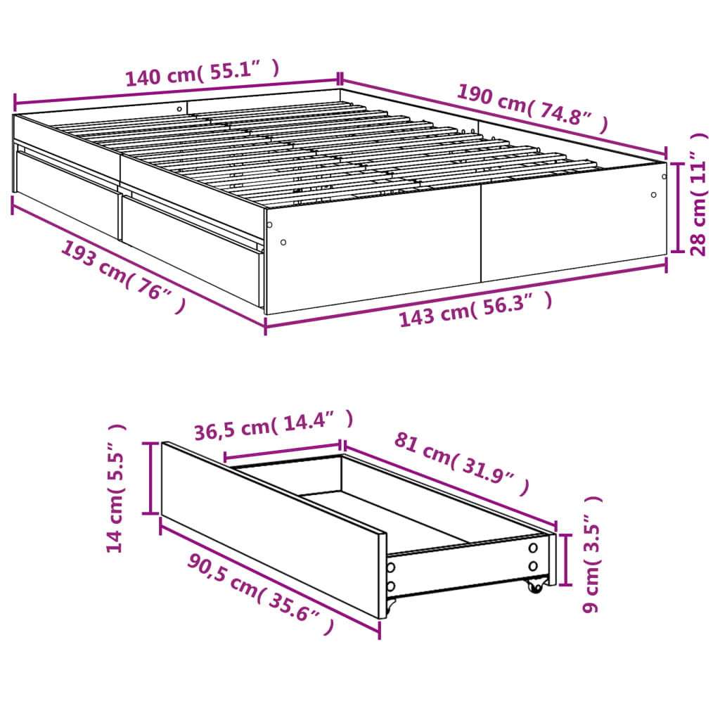 vidaXL Cama con cajones madera ingeniería gris Sonoma 140x200 cm