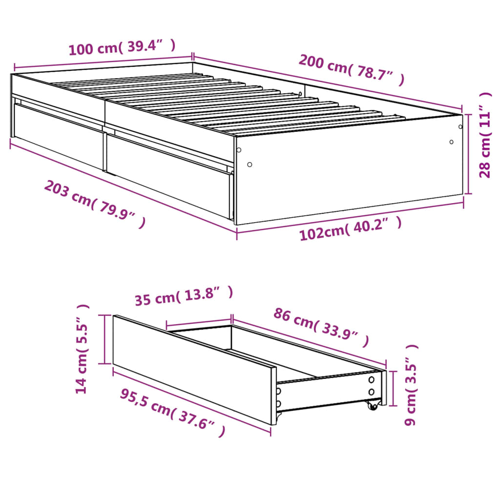 vidaXL Cama con cajones madera de ingeniería blanco 100x200 cm