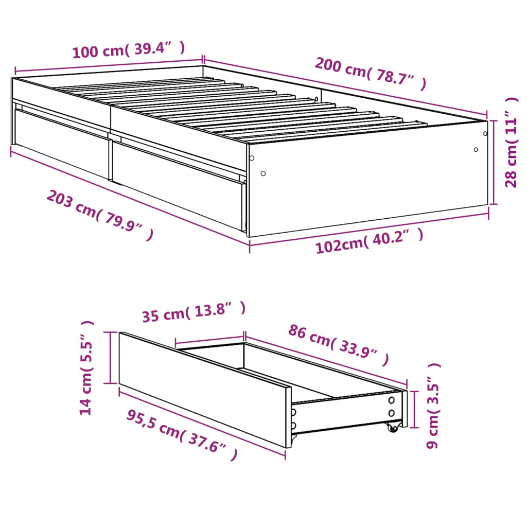 vidaXL Cama con cajones madera ingeniería gris hormigón 100x200 cm