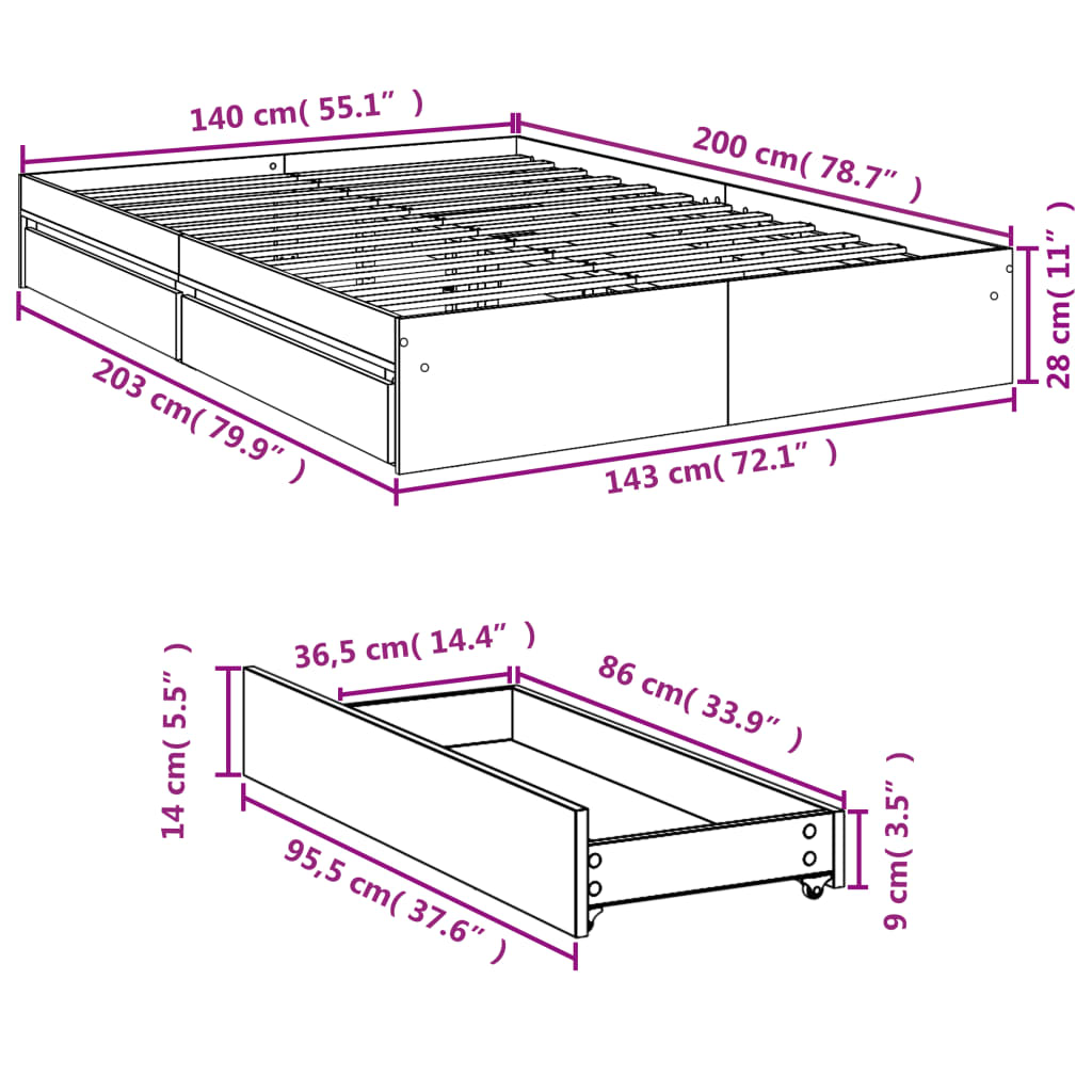 vidaXL Cama con cajones madera ingeniería gris hormigón 140x190 cm