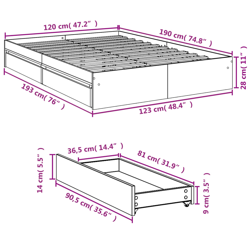 vidaXL Cama con cajones madera ingeniería gris Sonoma 120x190 cm