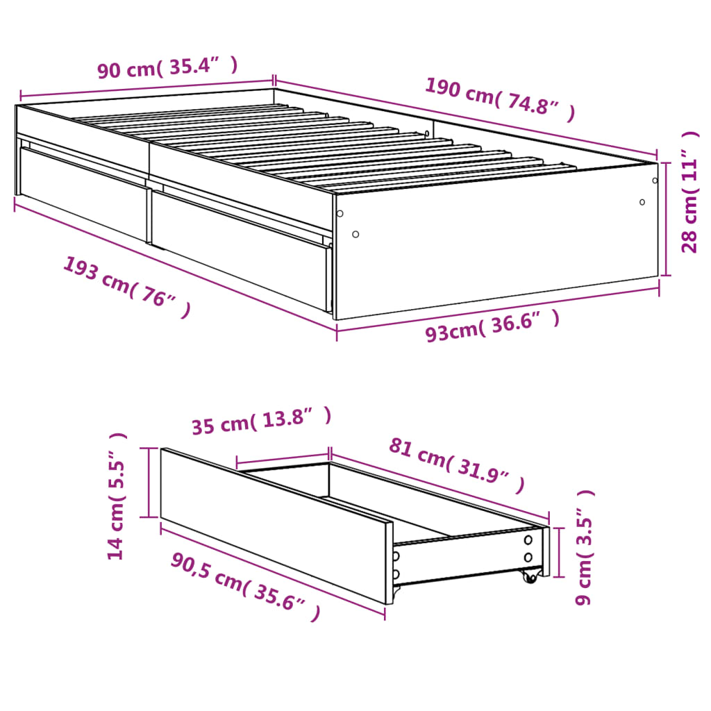 vidaXL Cama con cajones madera ingeniería roble Sonoma 90x190 cm