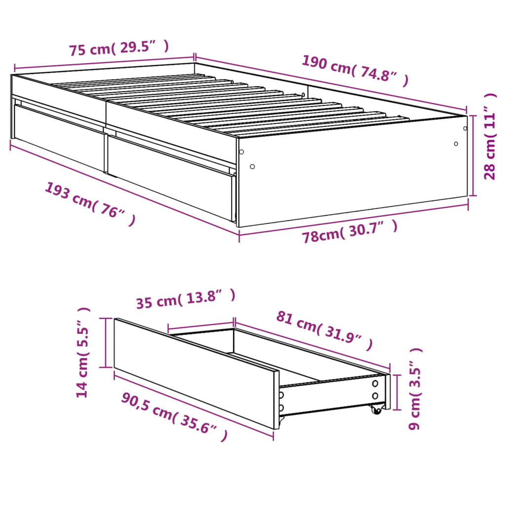 vidaXL Cama con cajones madera ingeniería roble Sonoma 75x190 cm