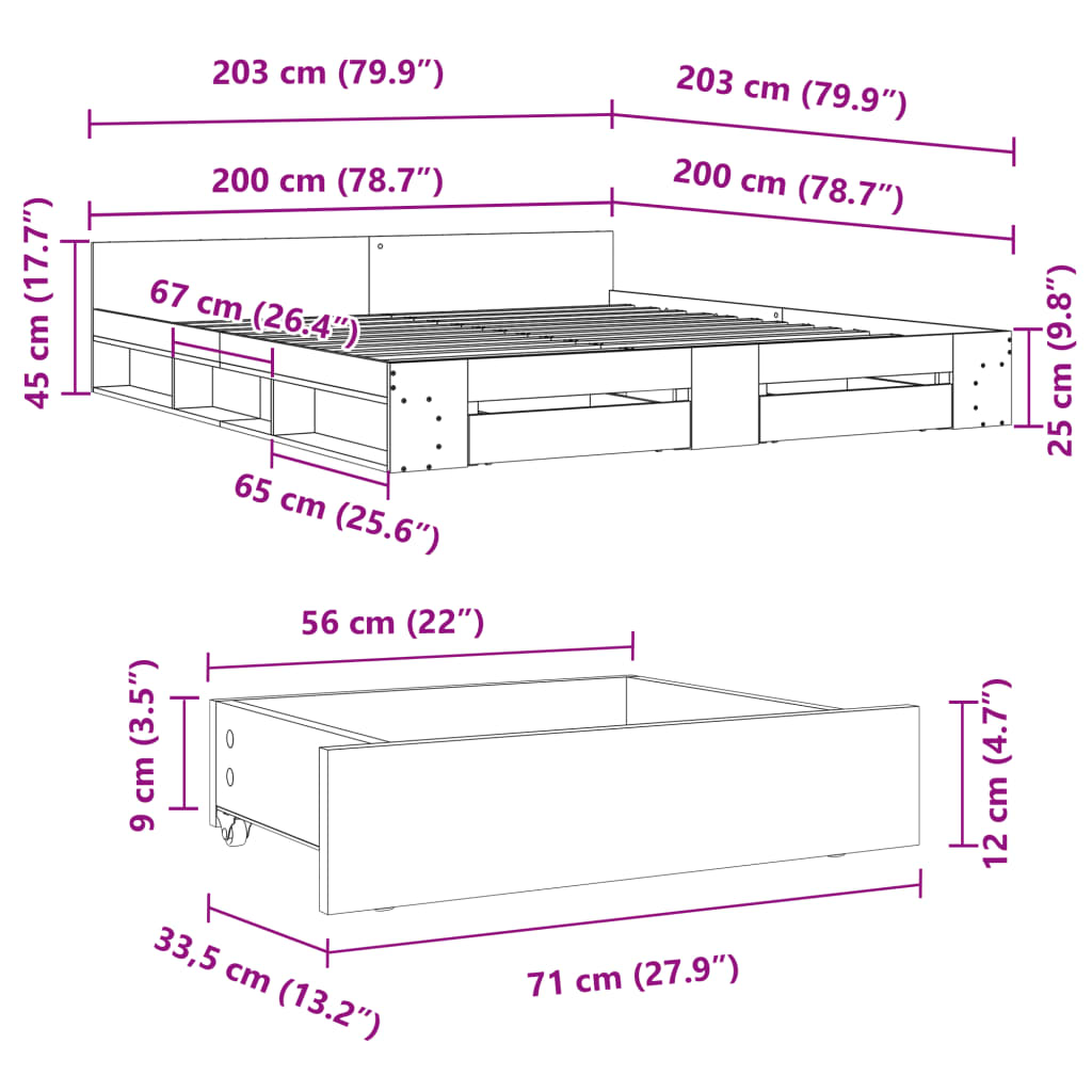 vidaXL Cama con cajones madera ingeniería gris Sonoma 200x200 cm