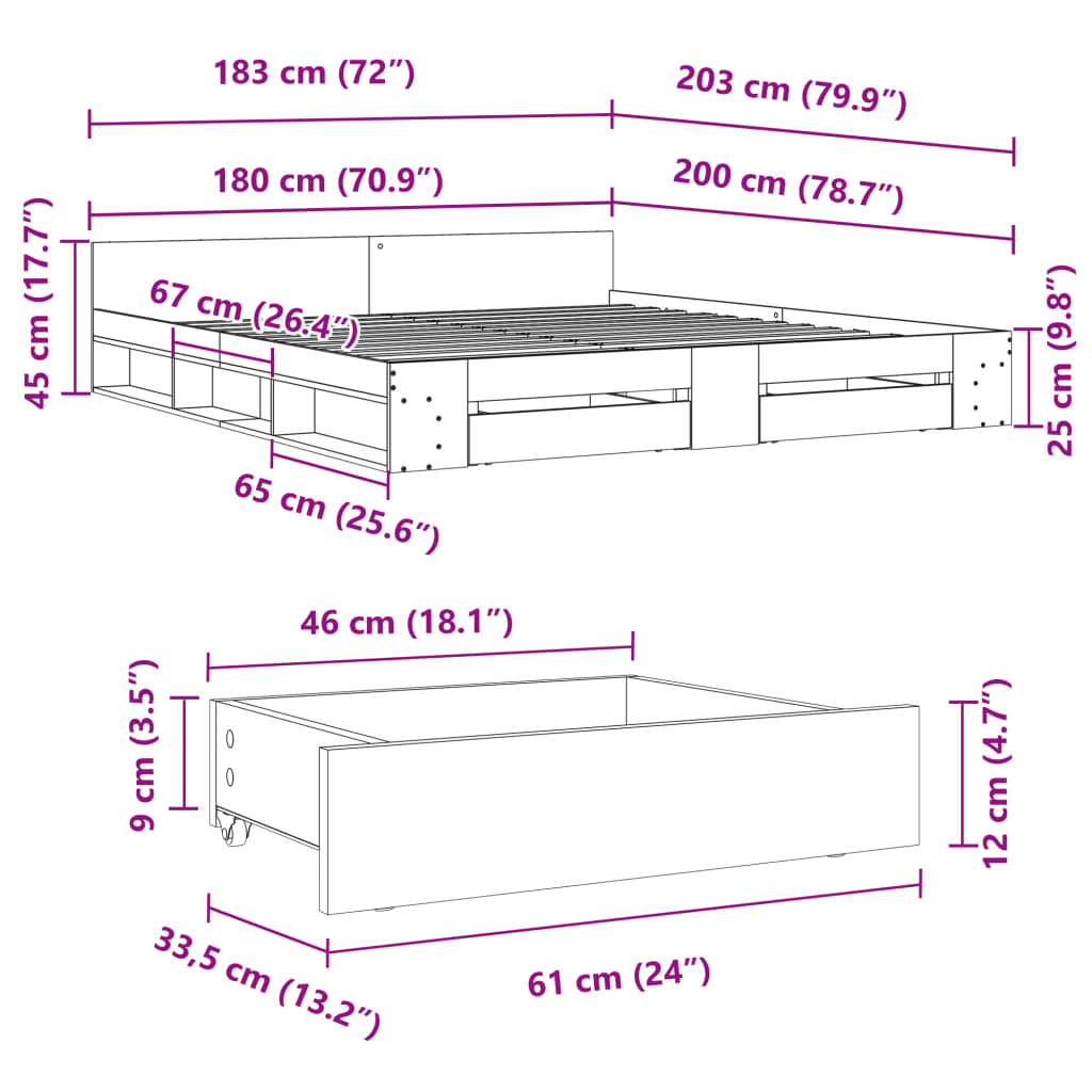 vidaXL Cama con cajones madera ingeniería roble Sonoma 180x200 cm