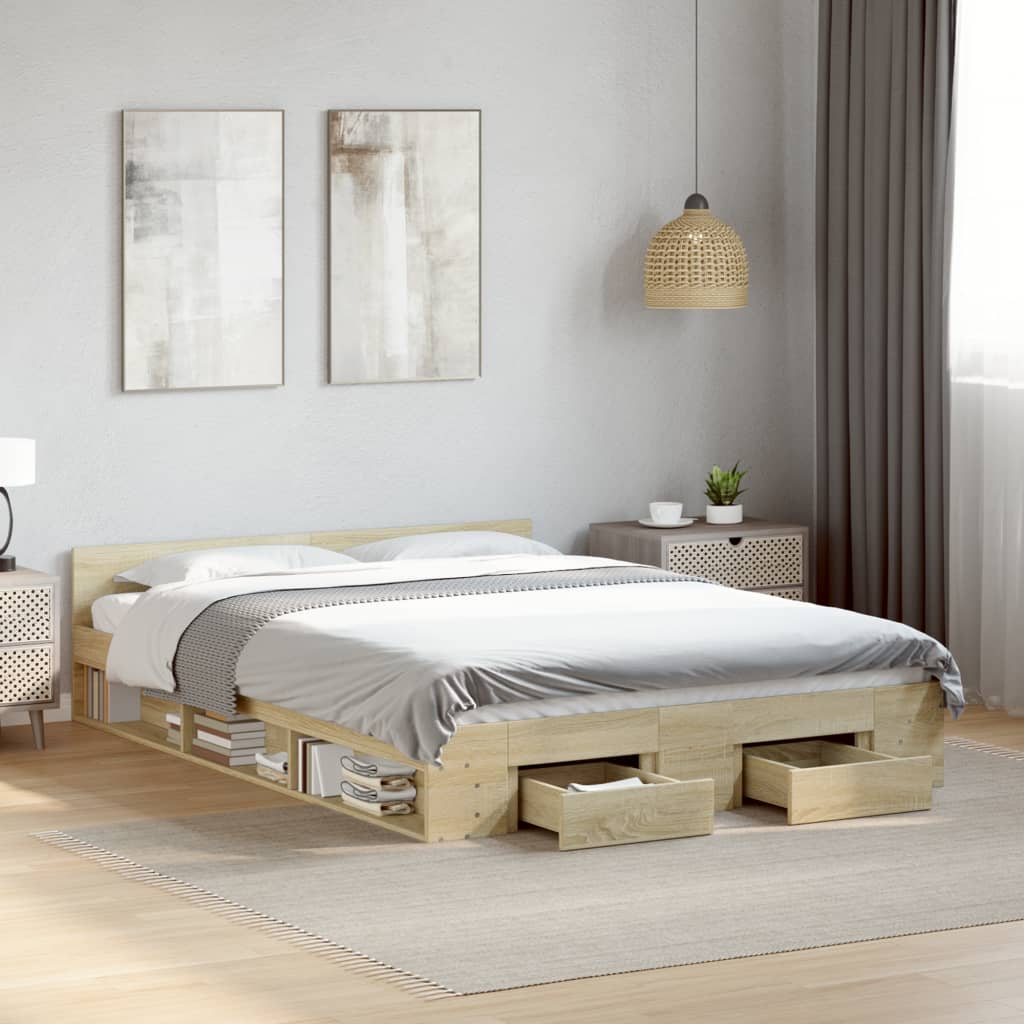 vidaXL Cama con cajones madera ingeniería roble Sonoma 160x200 cm