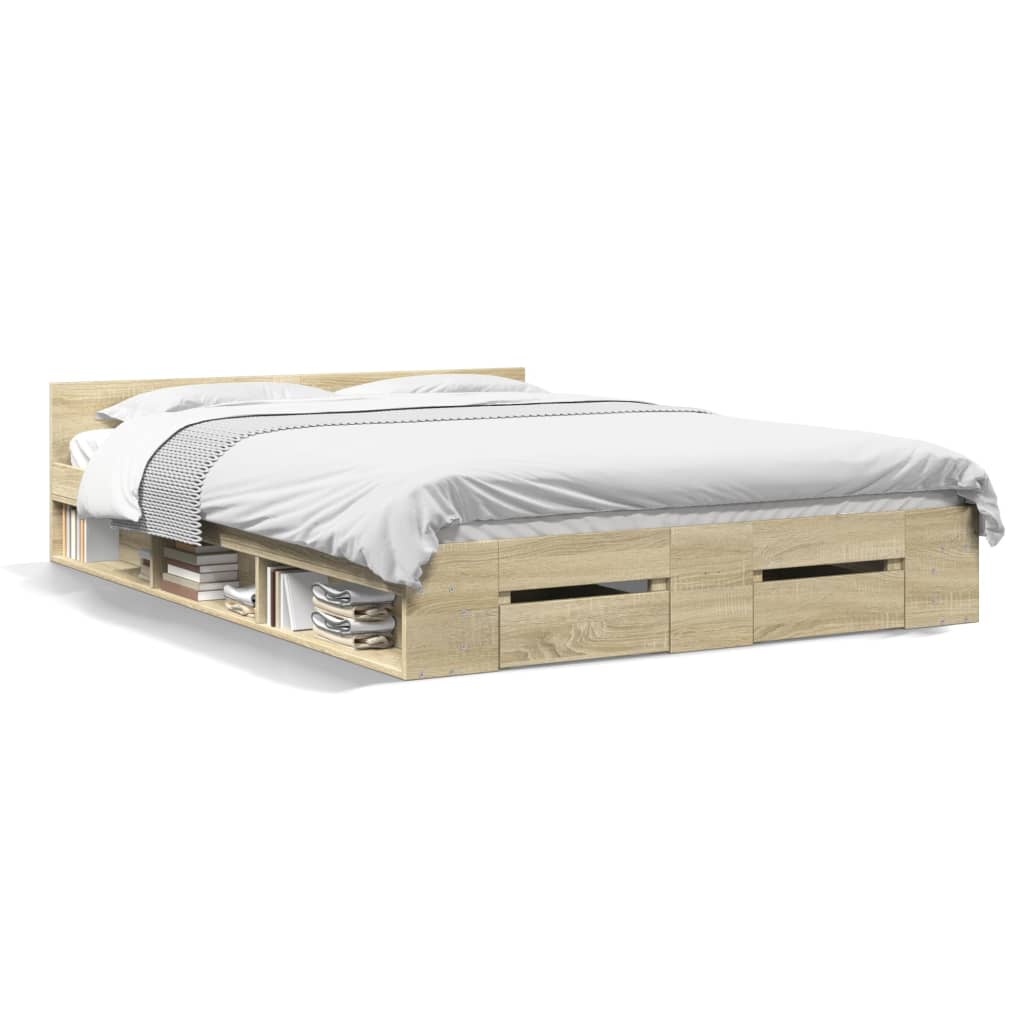 vidaXL Cama con cajones madera ingeniería roble Sonoma 160x200 cm